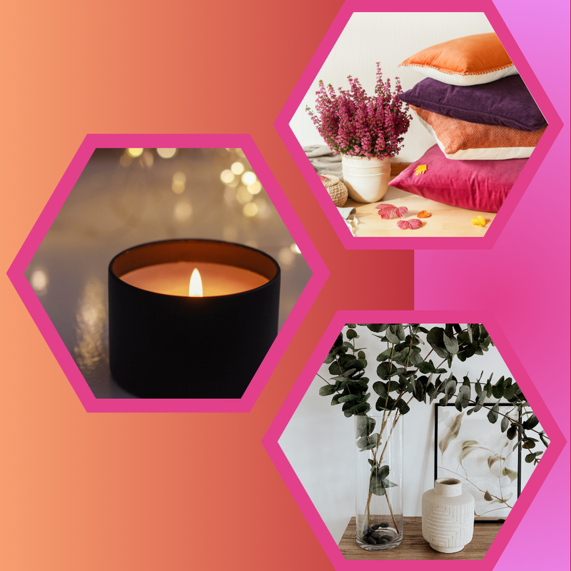 Special candle, print cushions customized, flower base, customized jars.