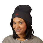 Embroidered Heart & Bat Cuffed Beanie — Cute Gothic Valentine Knit Hat