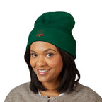 Embroidered Heart & Bat Cuffed Beanie — Cute Gothic Valentine Knit Hat