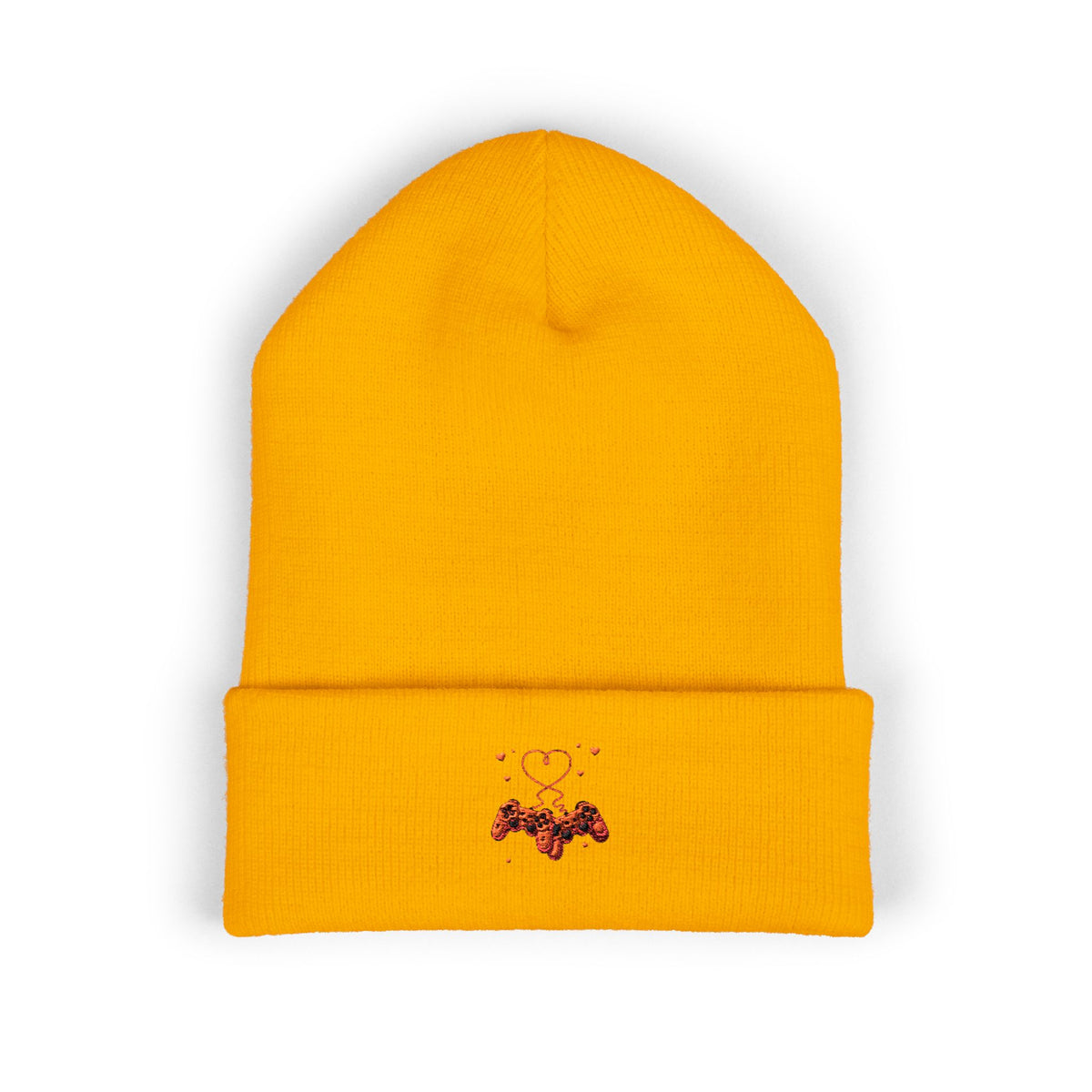 Embroidered Heart & Bat Cuffed Beanie — Cute Gothic Valentine Knit Hat