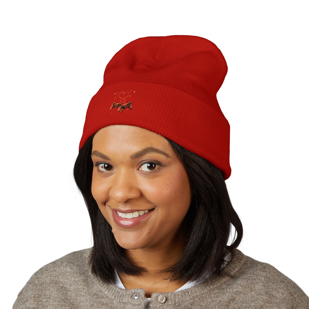 Embroidered Heart & Bat Cuffed Beanie — Cute Gothic Valentine Knit Hat