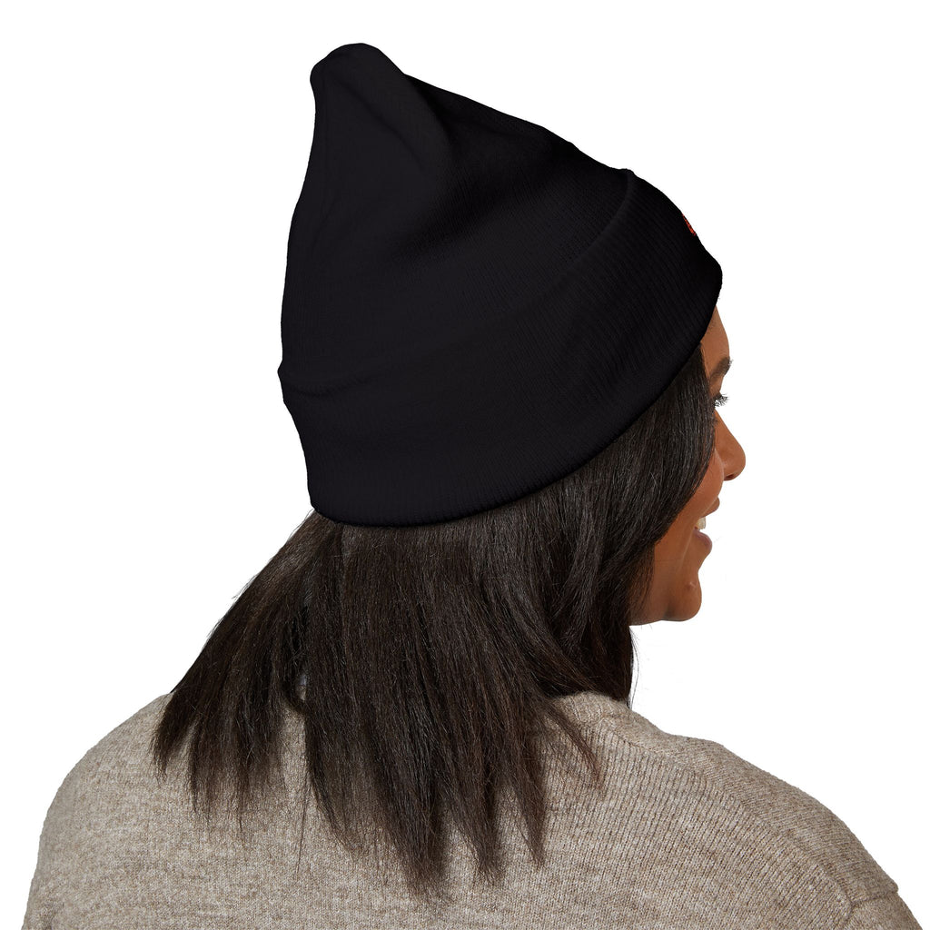 Embroidered Heart & Bat Cuffed Beanie — Cute Gothic Valentine Knit Hat