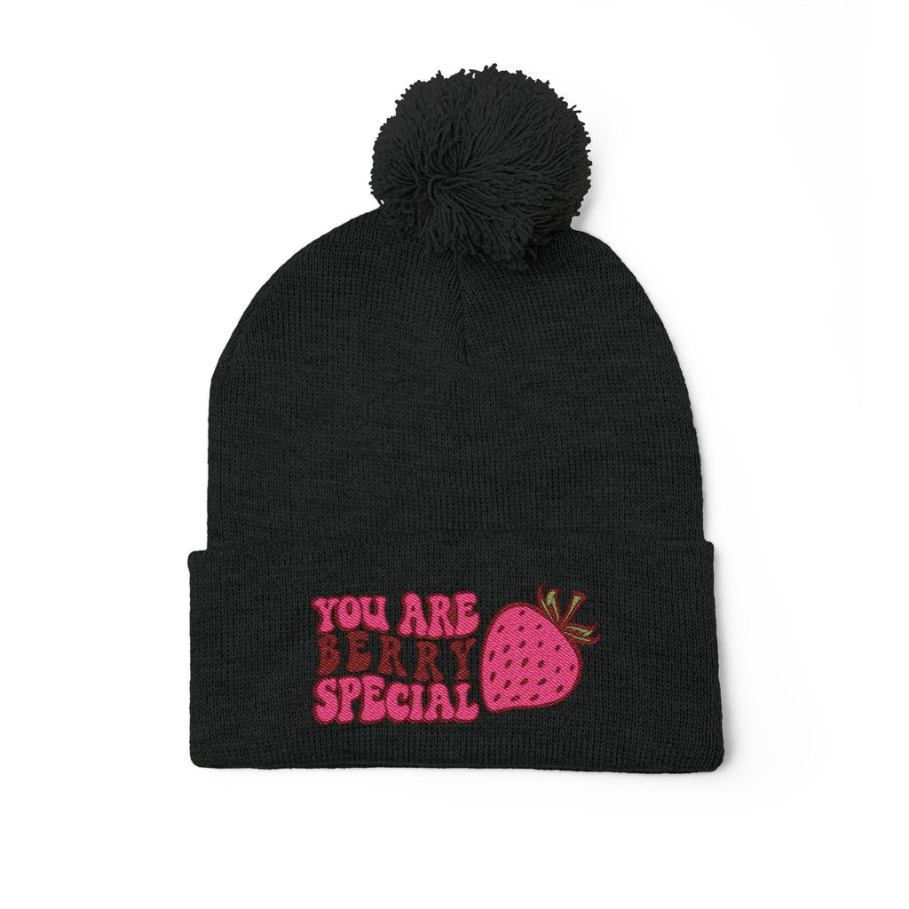 Embroidered Pom-Pom Beanie — "You Are Berry Special" Cute Strawberry Knit Hat