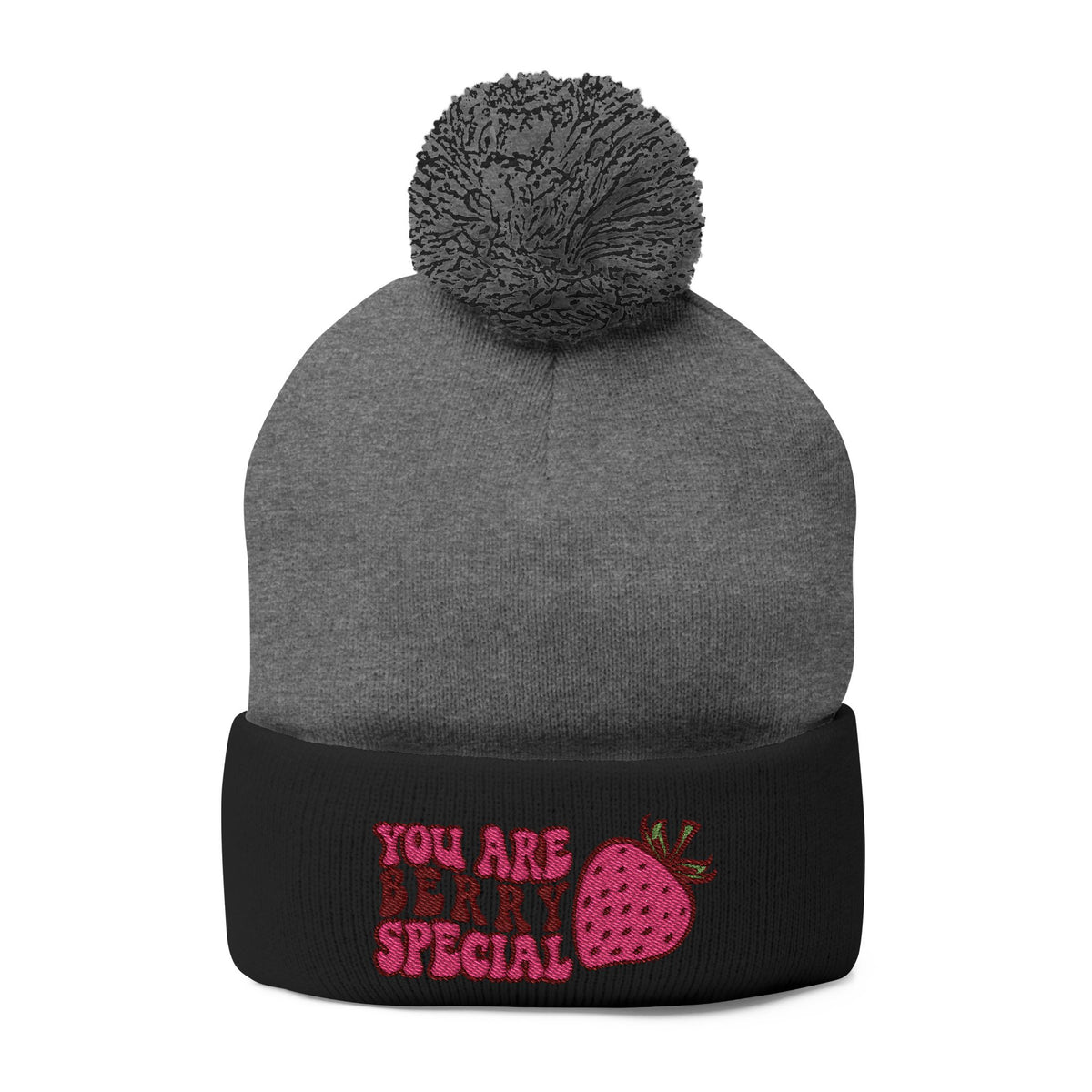 Embroidered Pom-Pom Beanie — "You Are Berry Special" Cute Strawberry Knit Hat