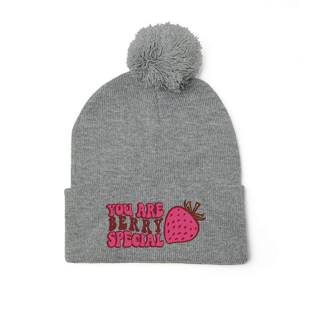 Embroidered Pom-Pom Beanie — "You Are Berry Special" Cute Strawberry Knit Hat