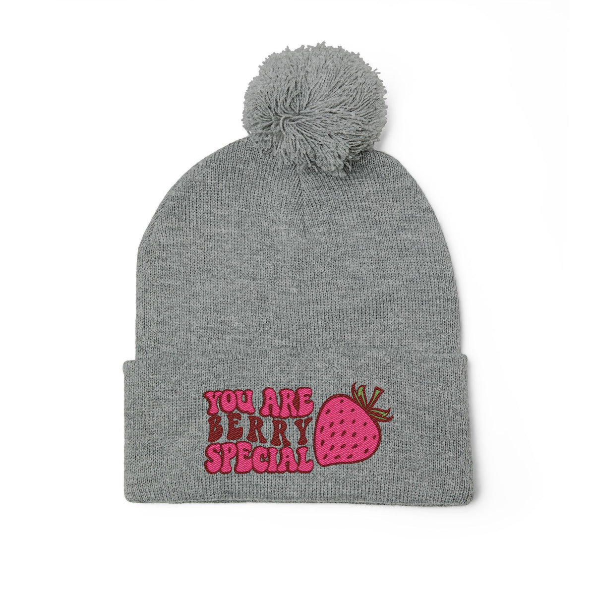 Embroidered Pom-Pom Beanie — "You Are Berry Special" Cute Strawberry Knit Hat
