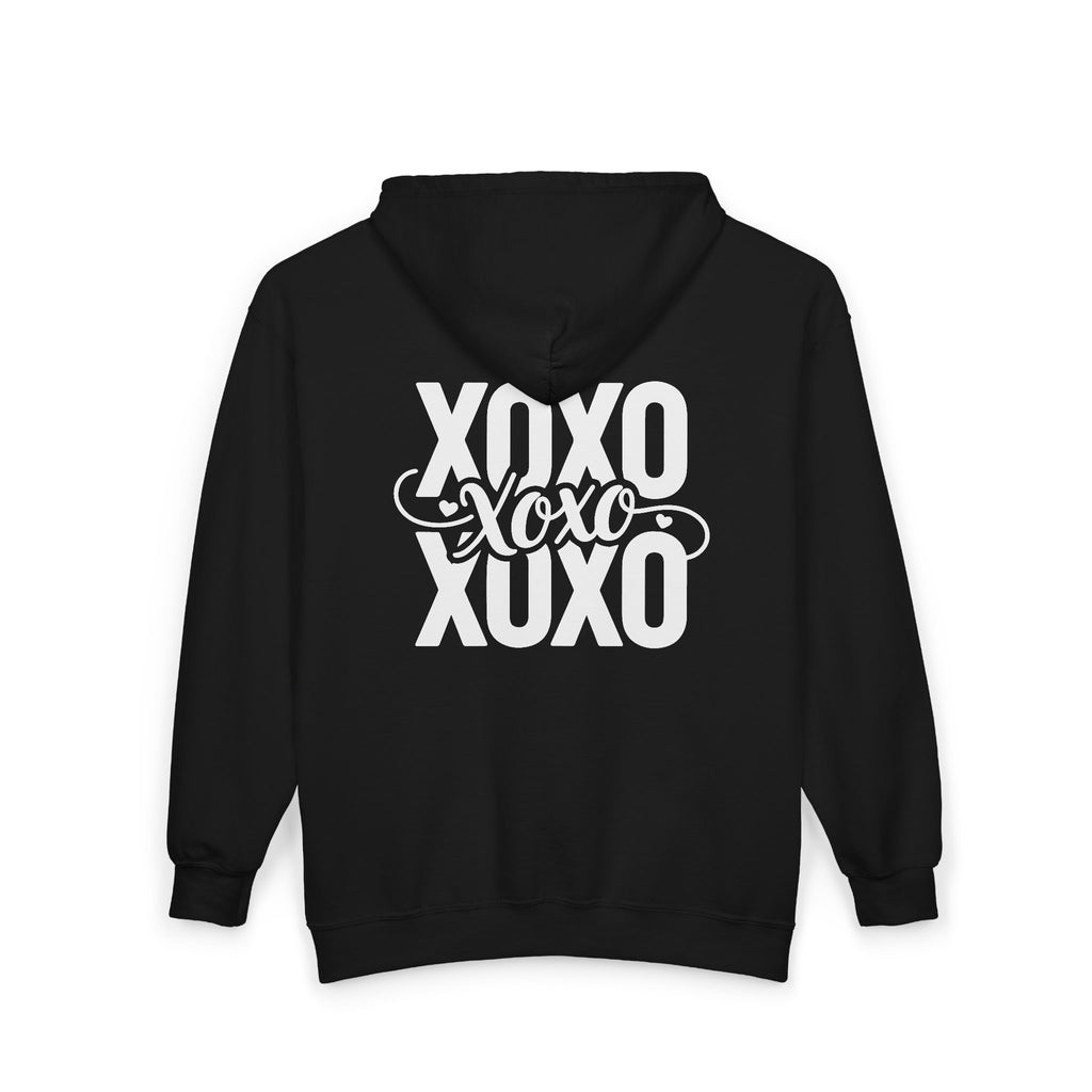 XOXO Script Zip Hoodie – Black Full‑Zip Sweatshirt with Bold Back Graphic