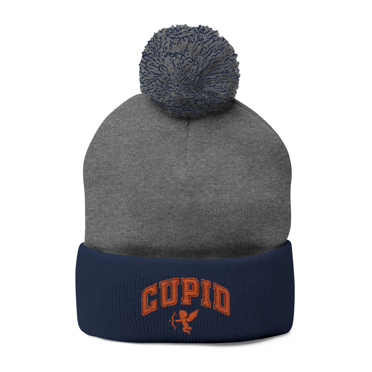 Embroidered Pom-Pom Knit Cap — 'Cupid' Orange Logo Beanie