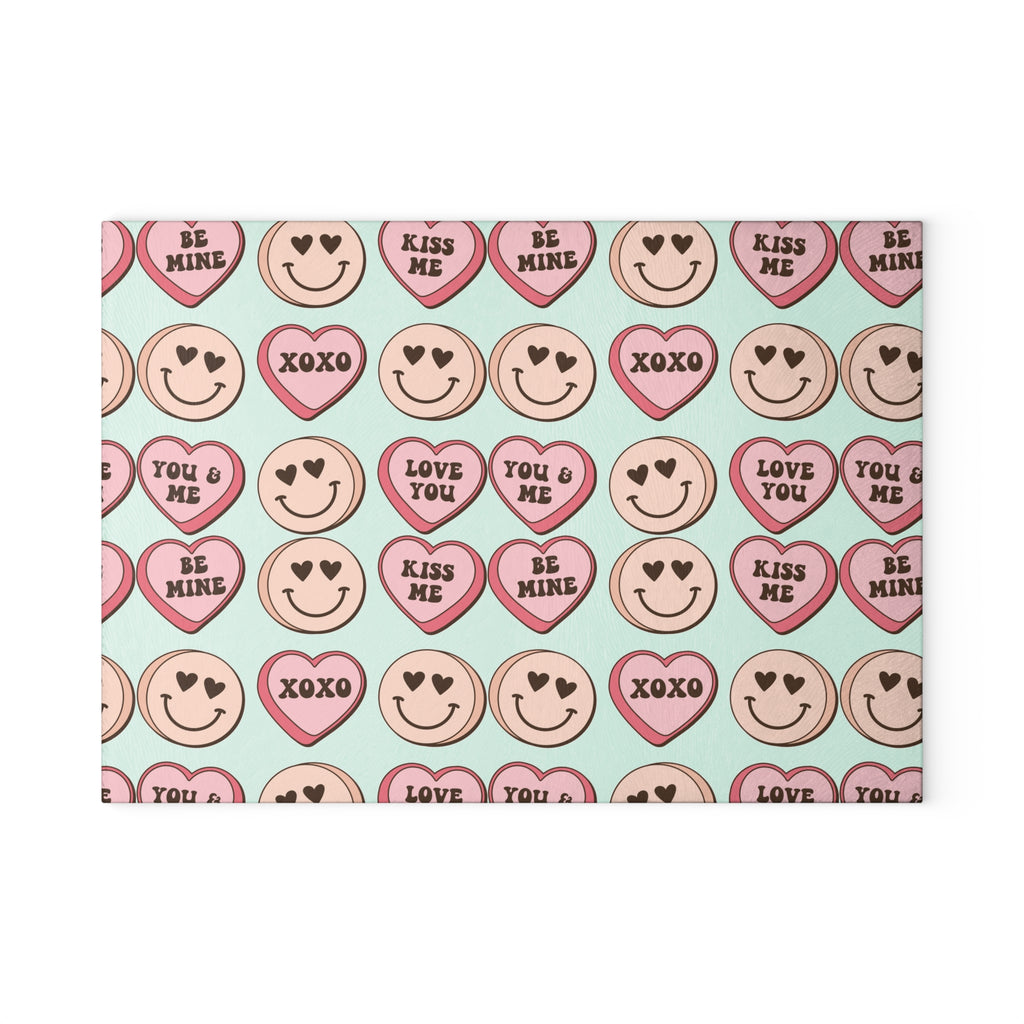 Valentine Conversation Hearts Glass Cutting Board — 'Love You / XOXO' Pattern