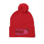 Embroidered Pom-Pom Beanie — "You Are Berry Special" Cute Strawberry Knit Hat