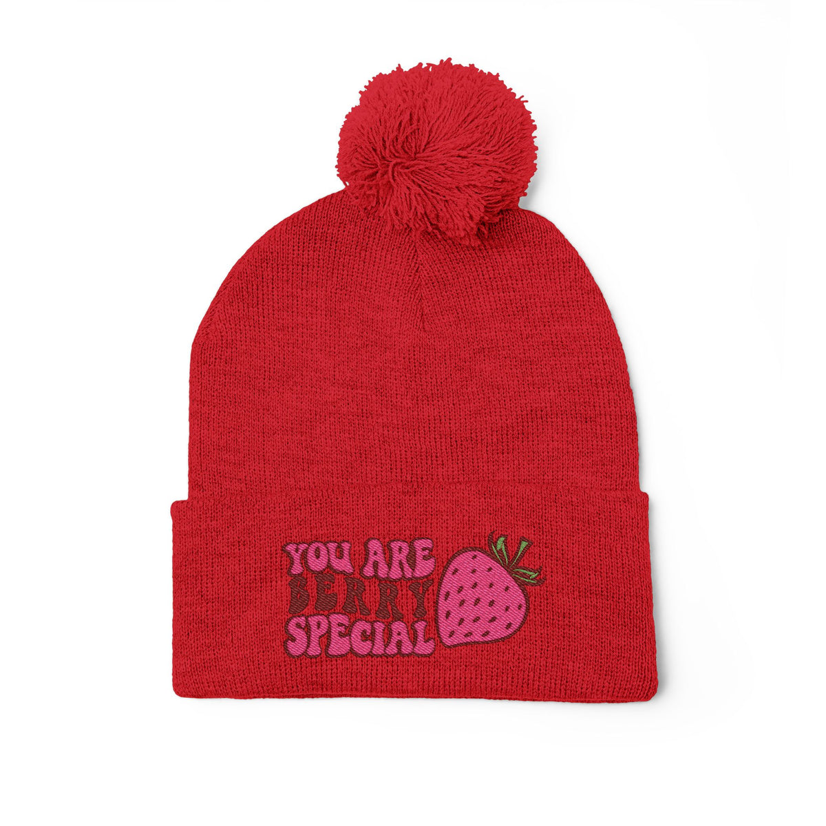 Embroidered Pom-Pom Beanie — "You Are Berry Special" Cute Strawberry Knit Hat