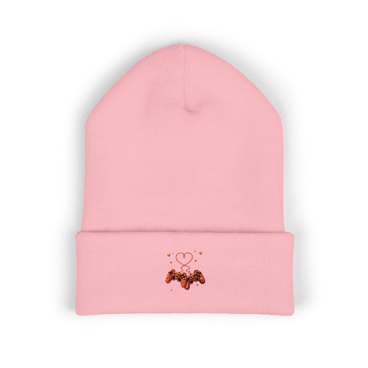 Embroidered Heart & Bat Cuffed Beanie — Cute Gothic Valentine Knit Hat
