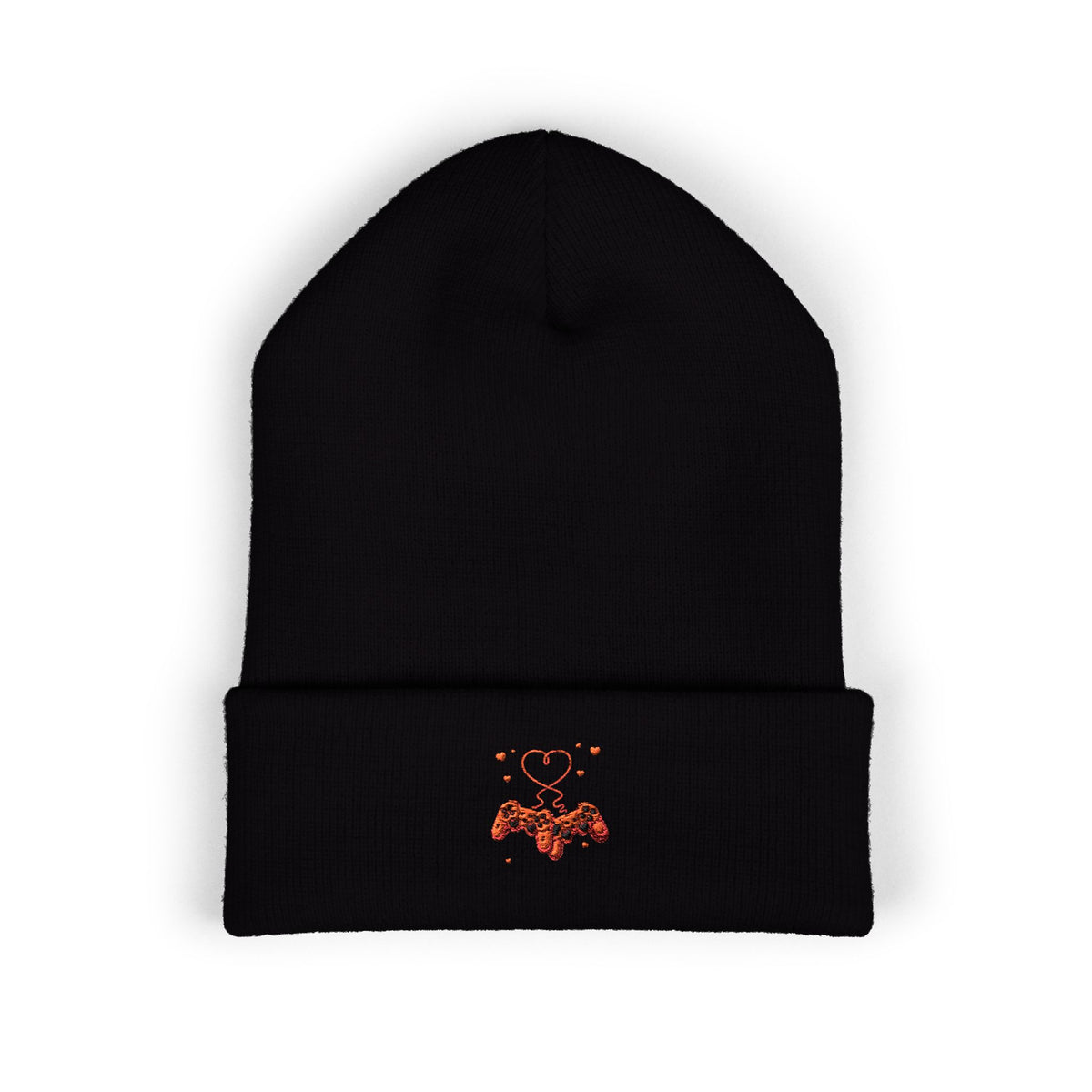 Embroidered Heart & Bat Cuffed Beanie — Cute Gothic Valentine Knit Hat