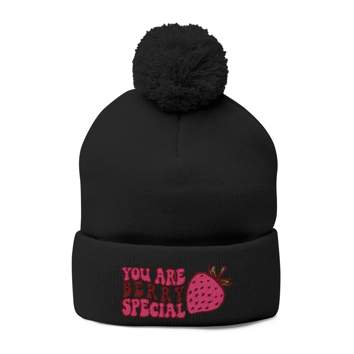 Embroidered Pom-Pom Beanie — "You Are Berry Special" Cute Strawberry Knit Hat