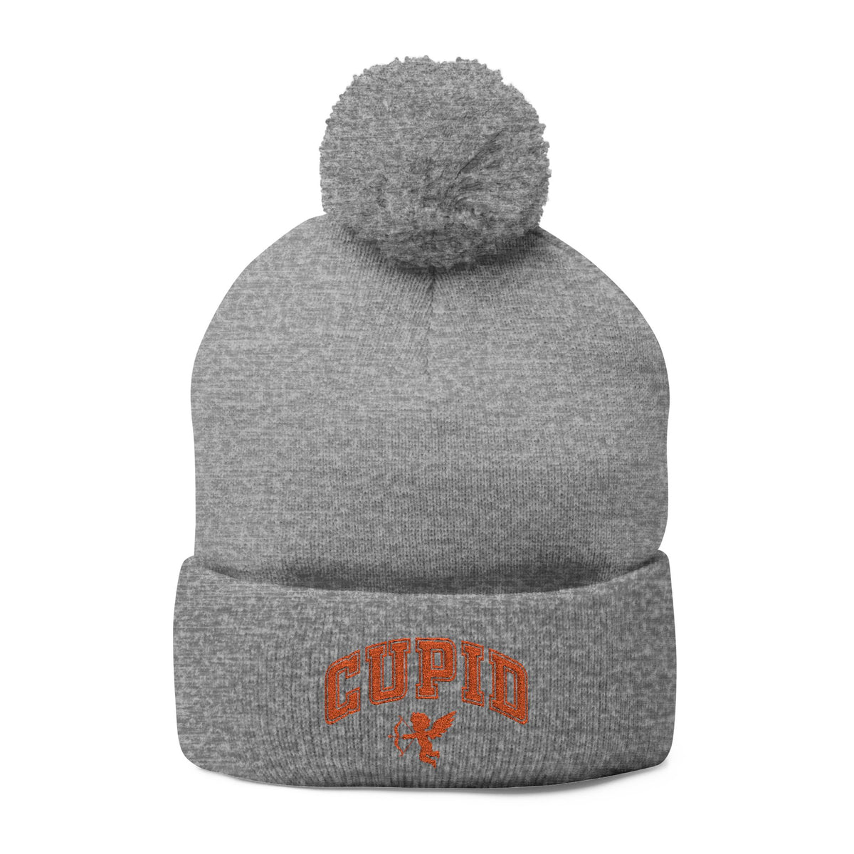 Embroidered Pom-Pom Knit Cap — 'Cupid' Orange Logo Beanie