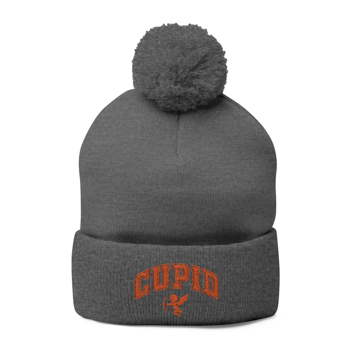 Embroidered Pom-Pom Knit Cap — 'Cupid' Orange Logo Beanie