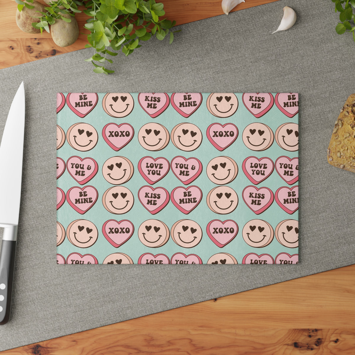 Valentine Conversation Hearts Glass Cutting Board — 'Love You / XOXO' Pattern