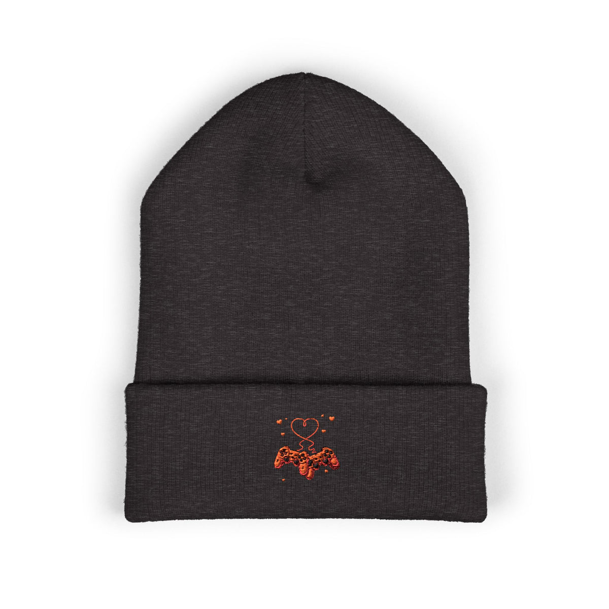 Embroidered Heart & Bat Cuffed Beanie — Cute Gothic Valentine Knit Hat