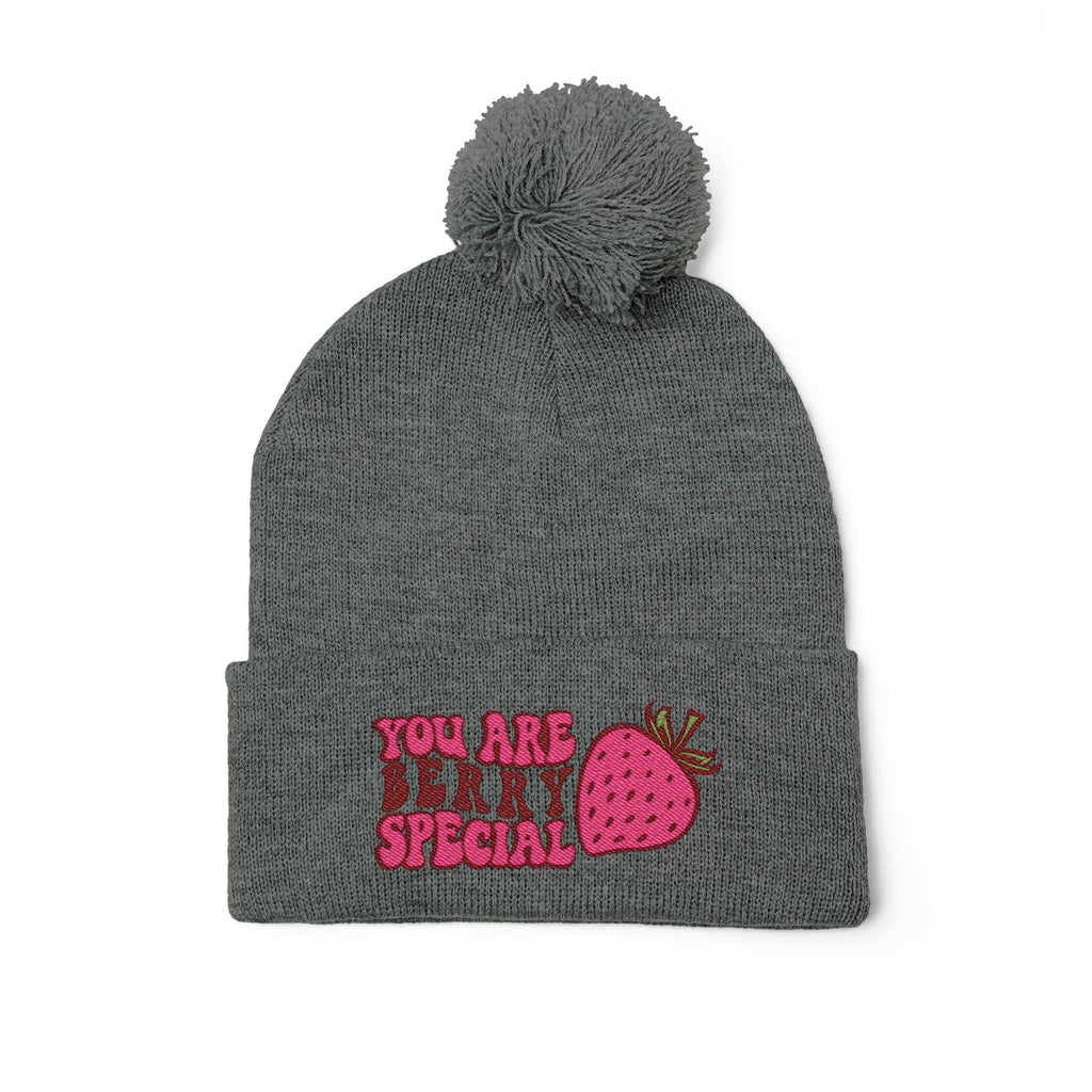 Embroidered Pom-Pom Beanie — "You Are Berry Special" Cute Strawberry Knit Hat