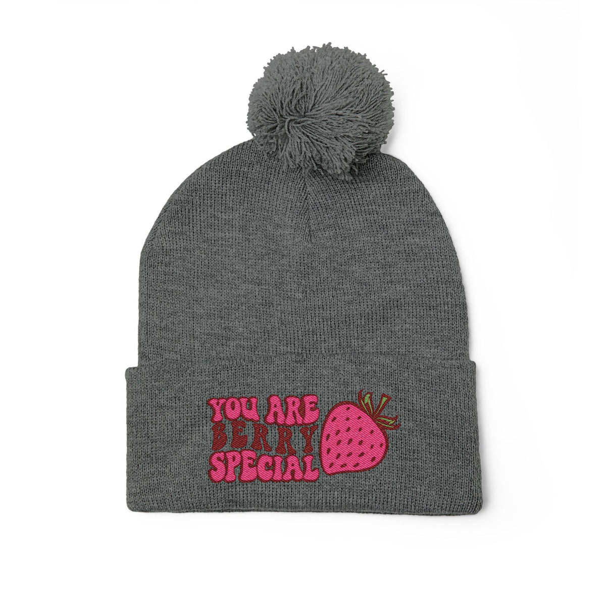 Embroidered Pom-Pom Beanie — "You Are Berry Special" Cute Strawberry Knit Hat