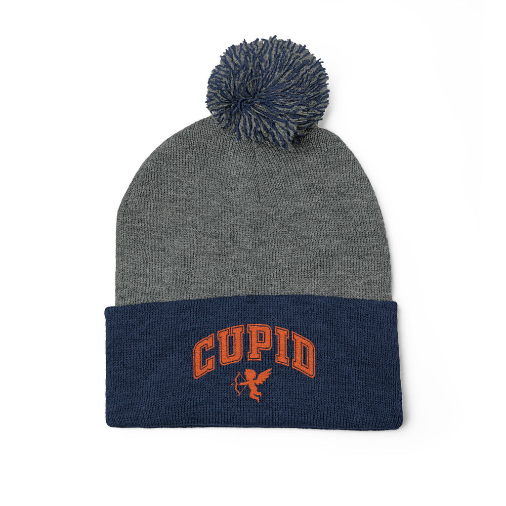 Embroidered Pom-Pom Knit Cap — 'Cupid' Orange Logo Beanie