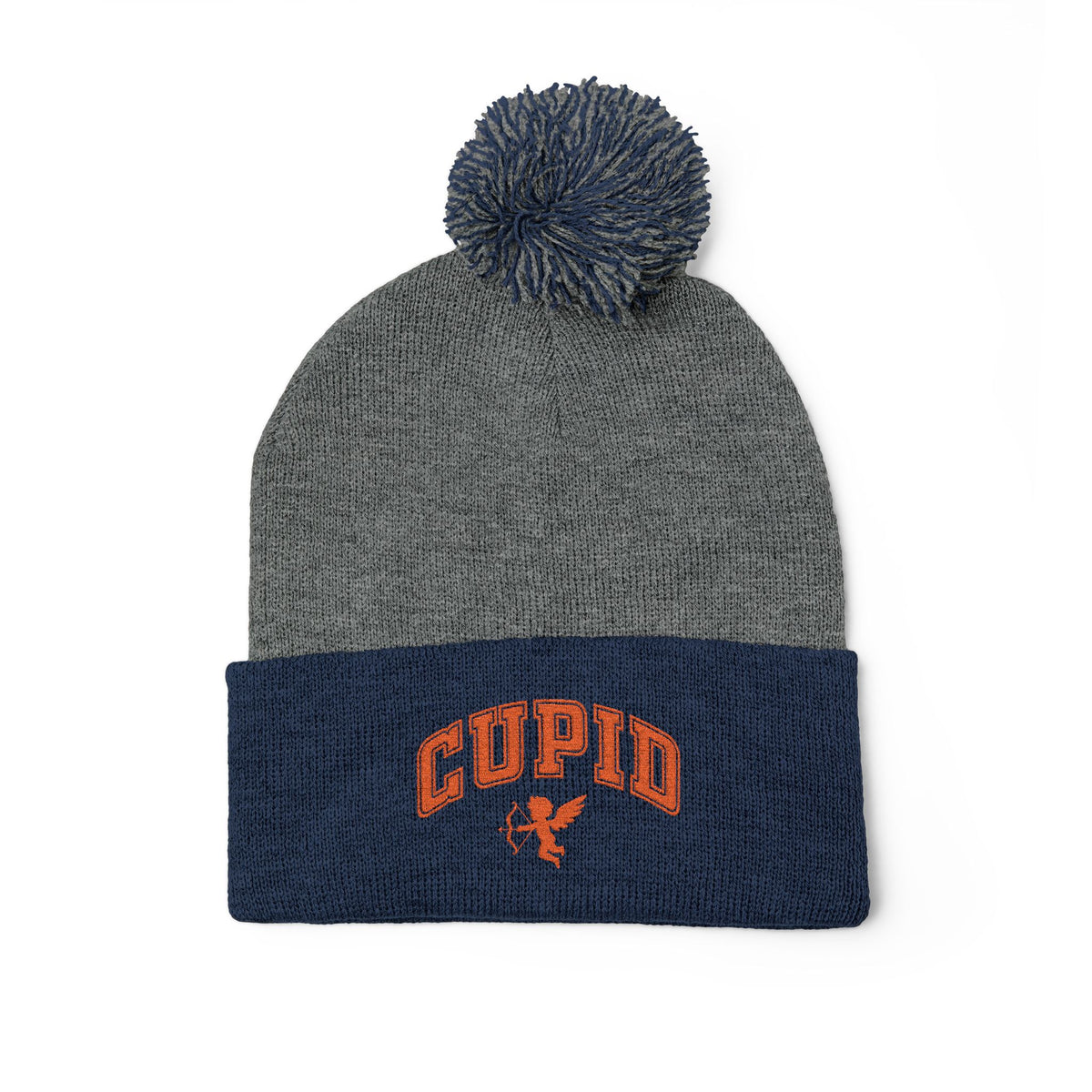 Embroidered Pom-Pom Knit Cap — 'Cupid' Orange Logo Beanie