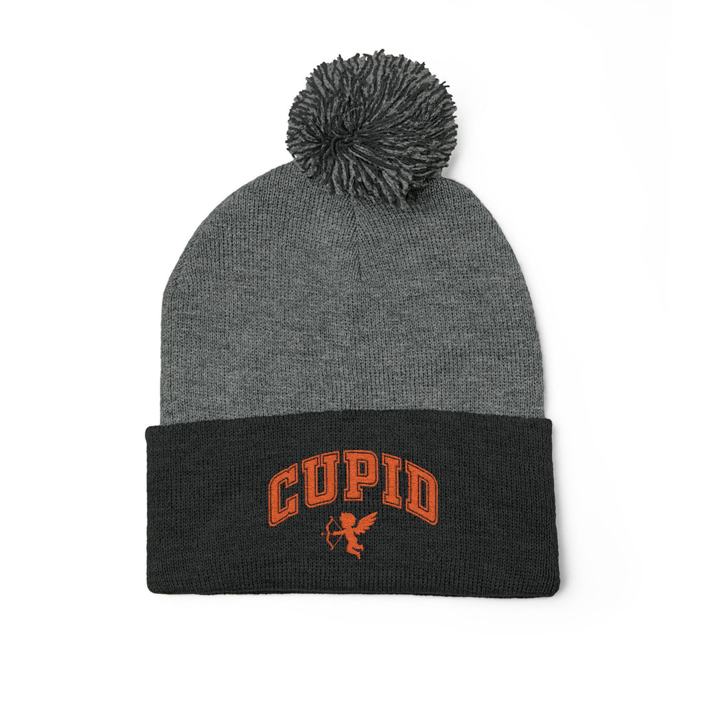 Embroidered Pom-Pom Knit Cap — 'Cupid' Orange Logo Beanie