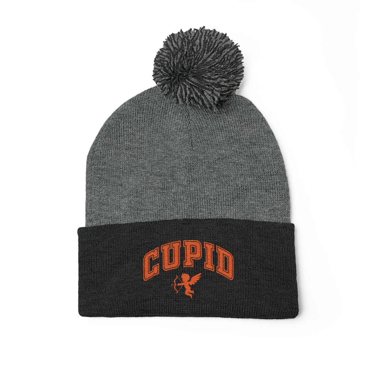 Embroidered Pom-Pom Knit Cap — 'Cupid' Orange Logo Beanie