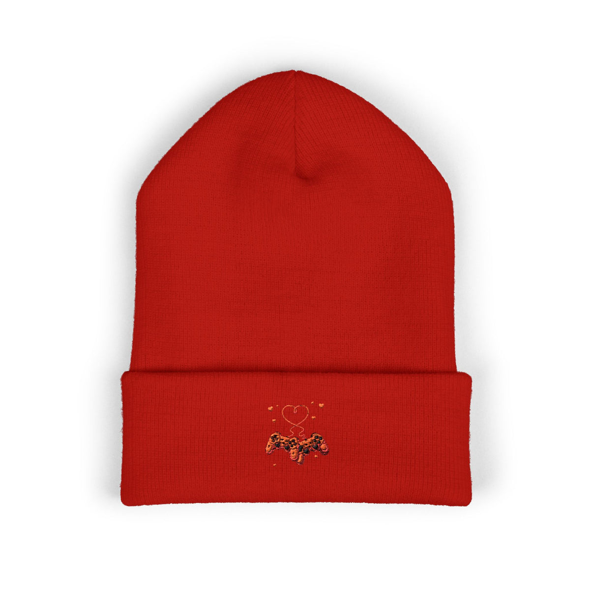 Embroidered Heart & Bat Cuffed Beanie — Cute Gothic Valentine Knit Hat