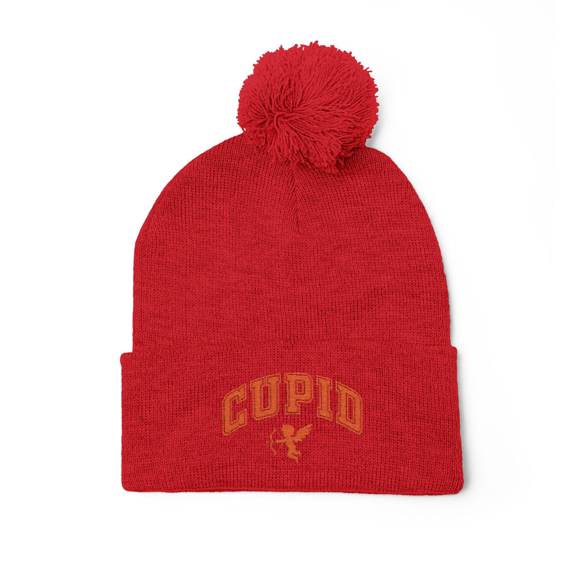 Embroidered Pom-Pom Knit Cap — 'Cupid' Orange Logo Beanie