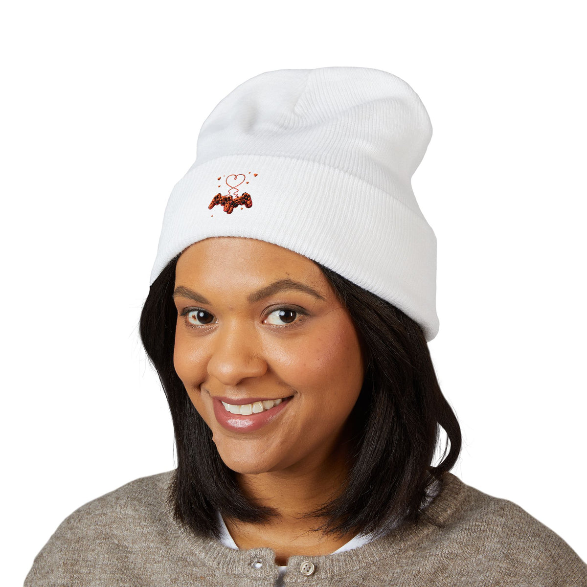 Embroidered Heart & Bat Cuffed Beanie — Cute Gothic Valentine Knit Hat