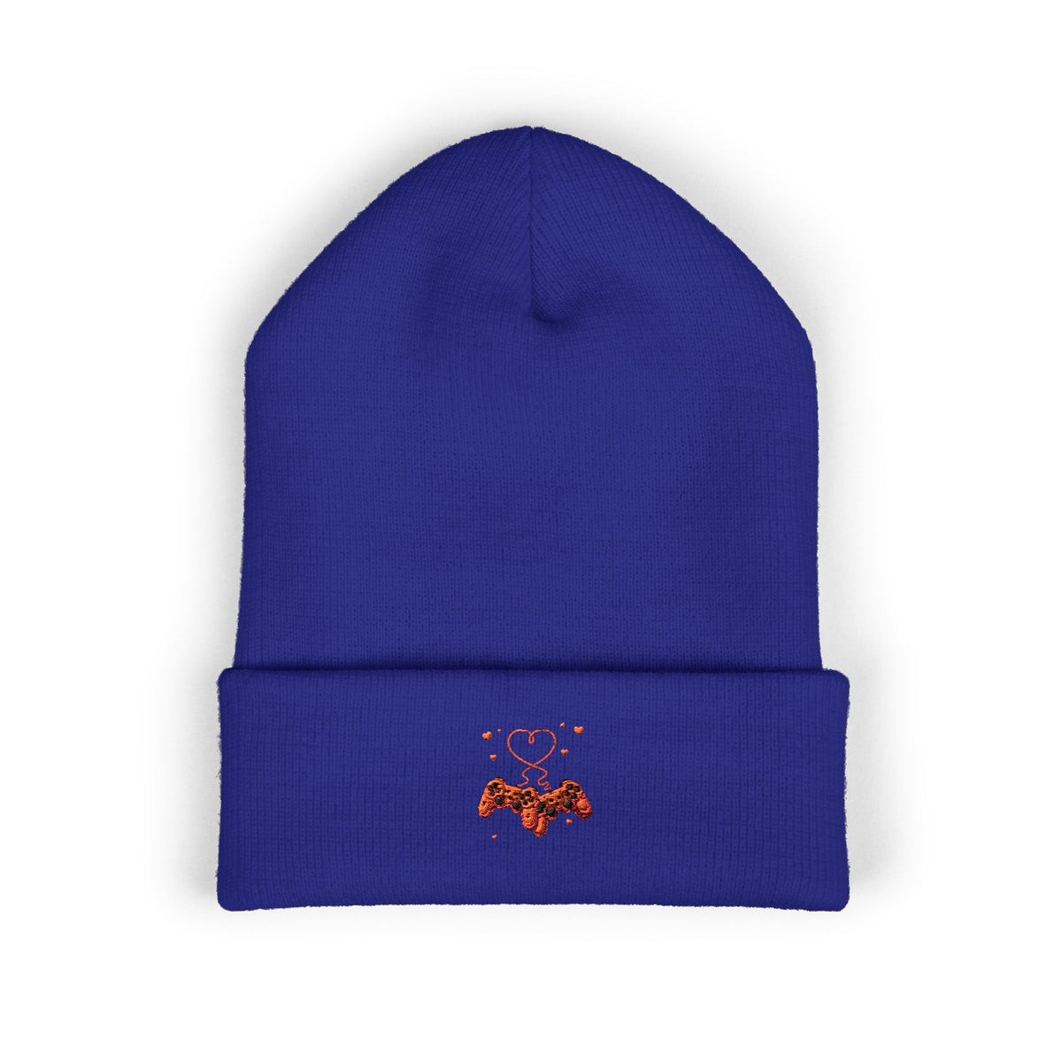 Embroidered Heart & Bat Cuffed Beanie — Cute Gothic Valentine Knit Hat