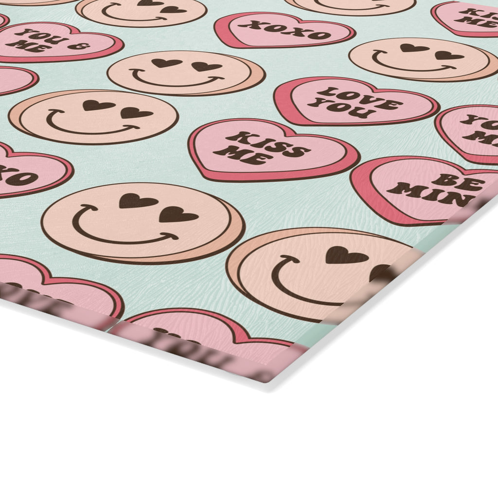 Valentine Conversation Hearts Glass Cutting Board — 'Love You / XOXO' Pattern