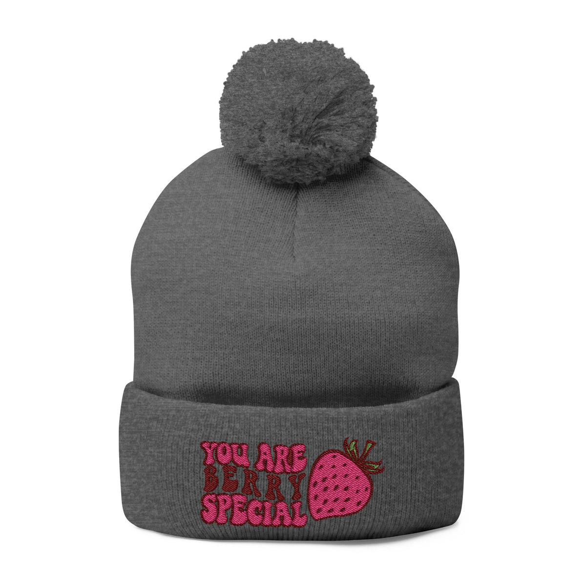 Embroidered Pom-Pom Beanie — "You Are Berry Special" Cute Strawberry Knit Hat