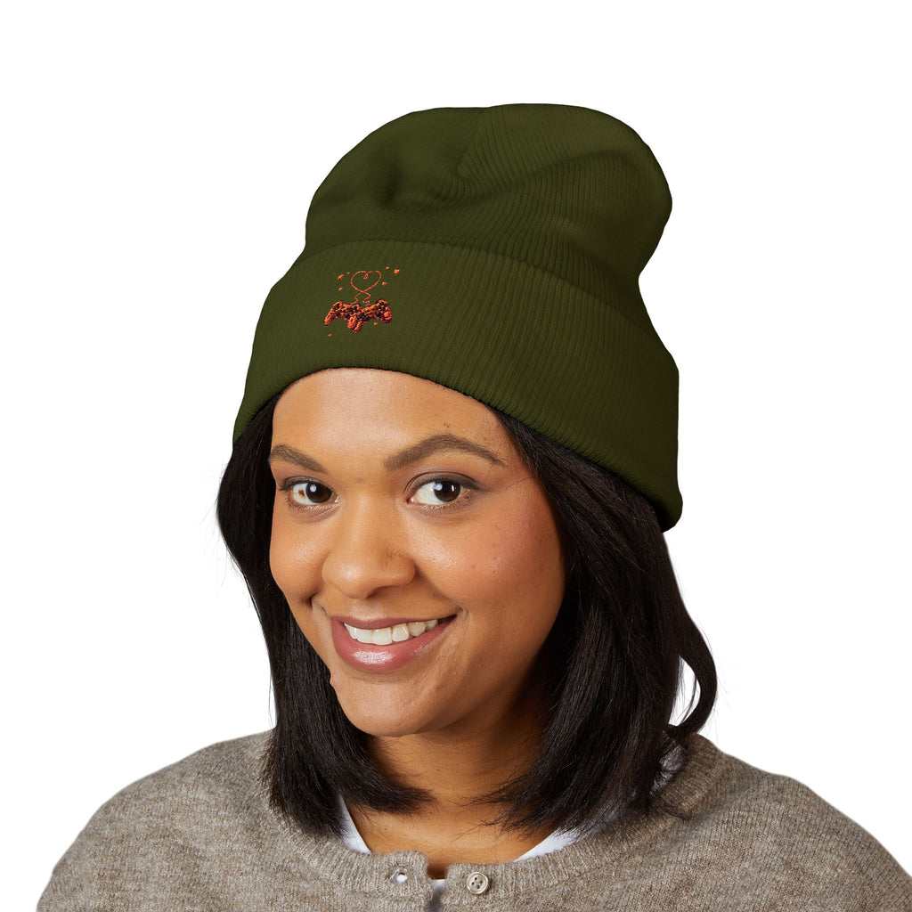 Embroidered Heart & Bat Cuffed Beanie — Cute Gothic Valentine Knit Hat