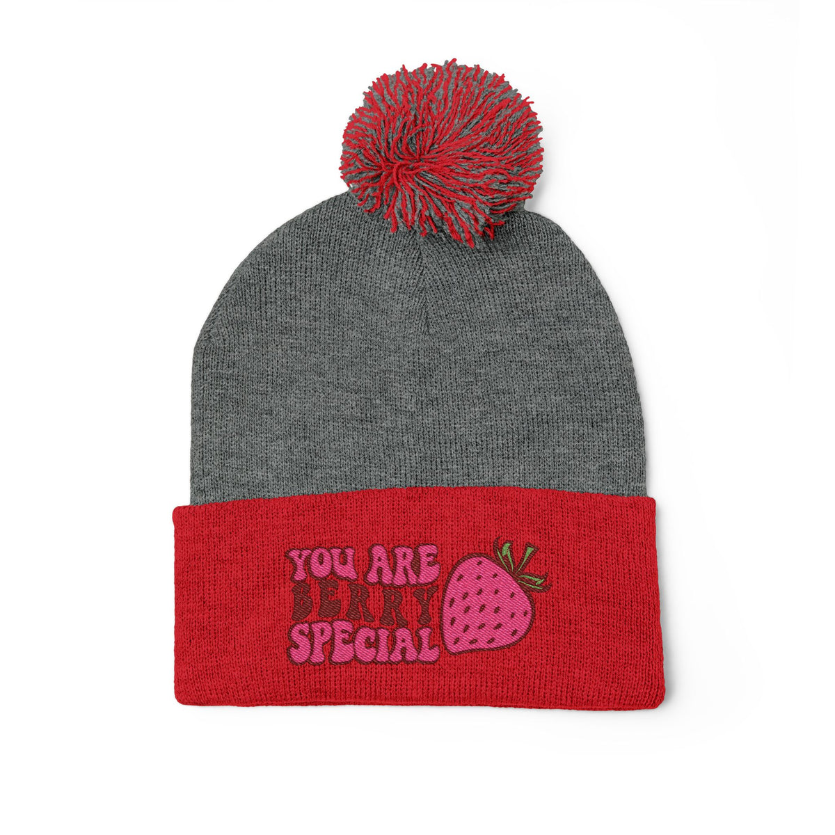 Embroidered Pom-Pom Beanie — "You Are Berry Special" Cute Strawberry Knit Hat