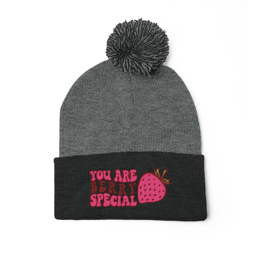 Embroidered Pom-Pom Beanie — "You Are Berry Special" Cute Strawberry Knit Hat