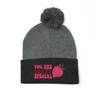 Embroidered Pom-Pom Beanie — "You Are Berry Special" Cute Strawberry Knit Hat