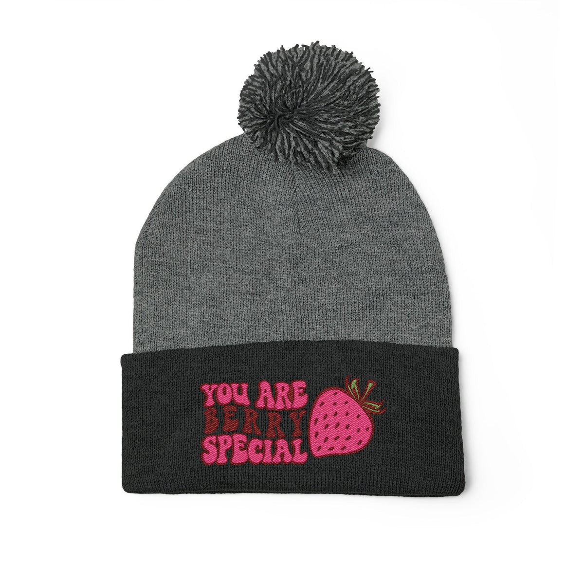 Embroidered Pom-Pom Beanie — "You Are Berry Special" Cute Strawberry Knit Hat