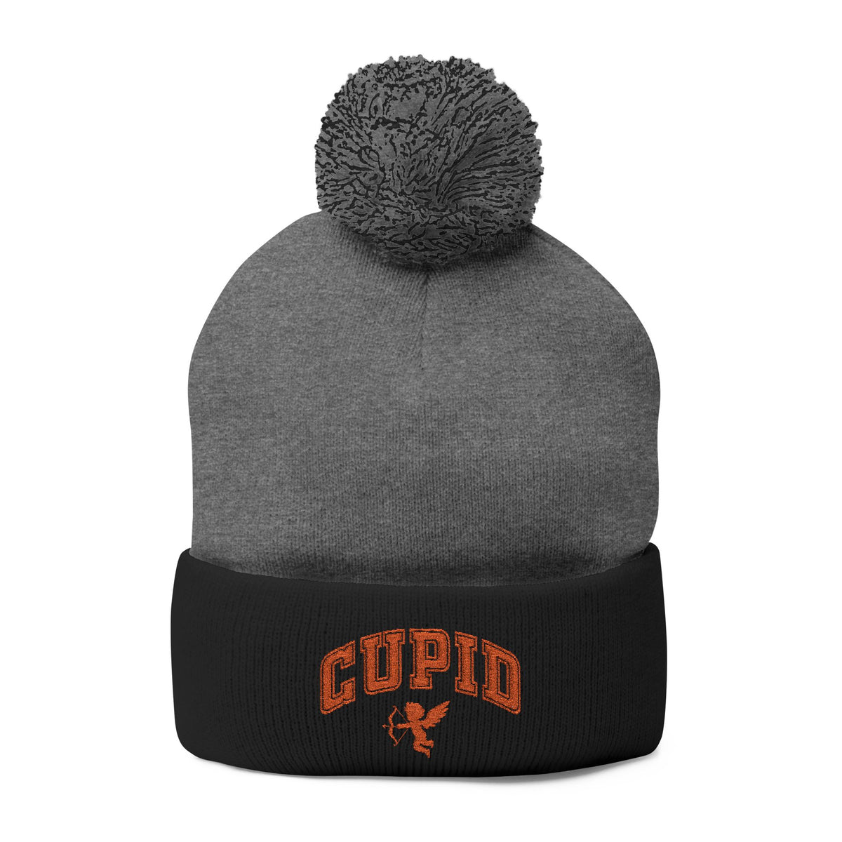 Embroidered Pom-Pom Knit Cap — 'Cupid' Orange Logo Beanie