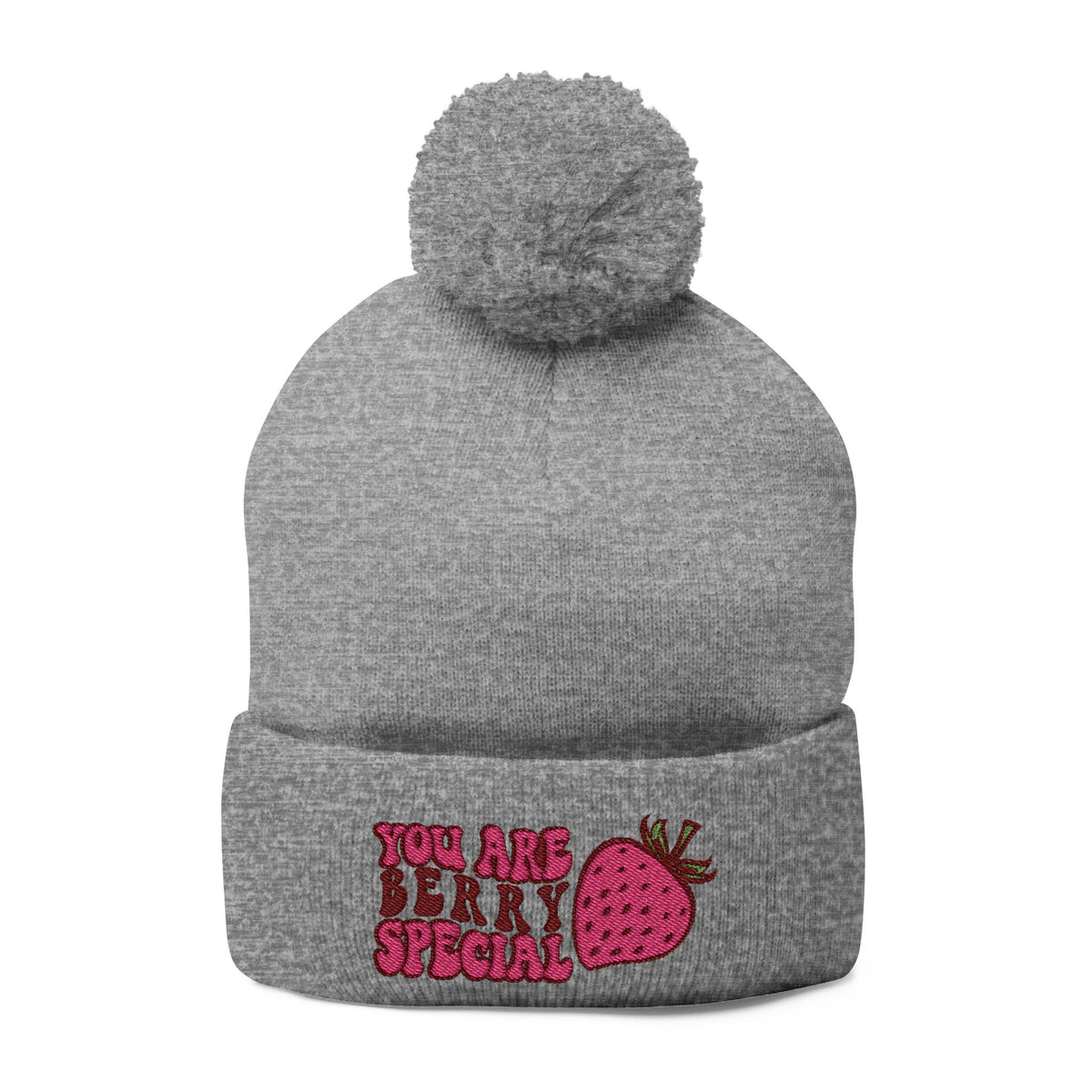 Embroidered Pom-Pom Beanie — "You Are Berry Special" Cute Strawberry Knit Hat