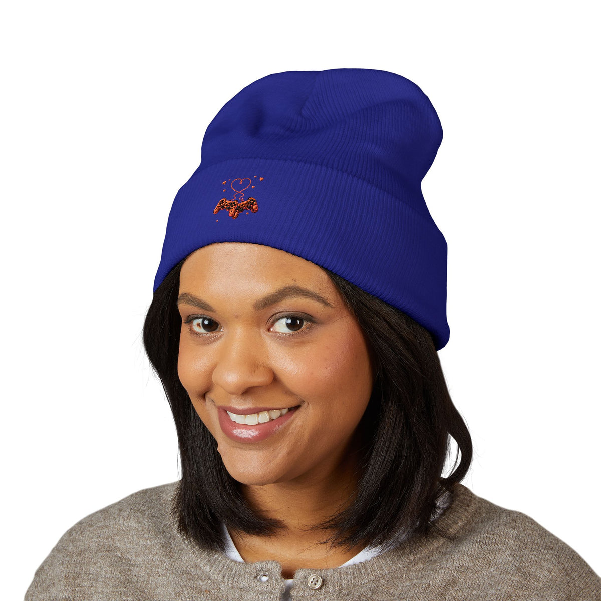 Embroidered Heart & Bat Cuffed Beanie — Cute Gothic Valentine Knit Hat