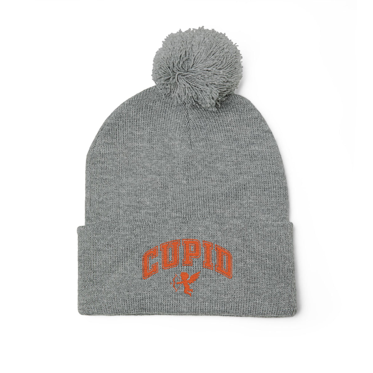 Embroidered Pom-Pom Knit Cap — 'Cupid' Orange Logo Beanie