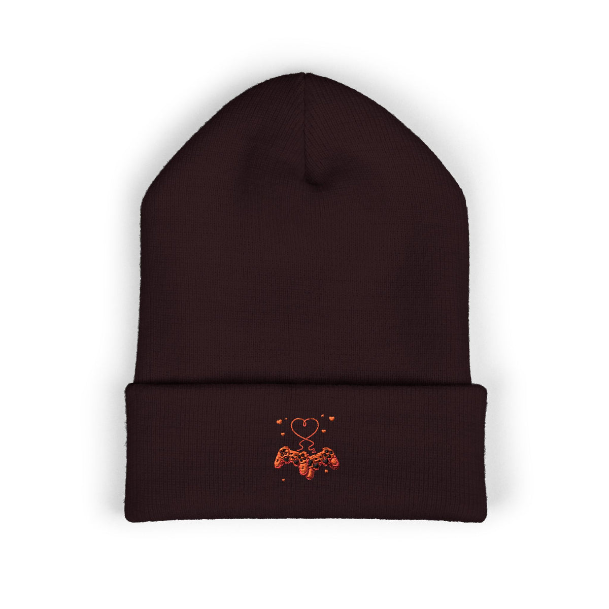 Embroidered Heart & Bat Cuffed Beanie — Cute Gothic Valentine Knit Hat