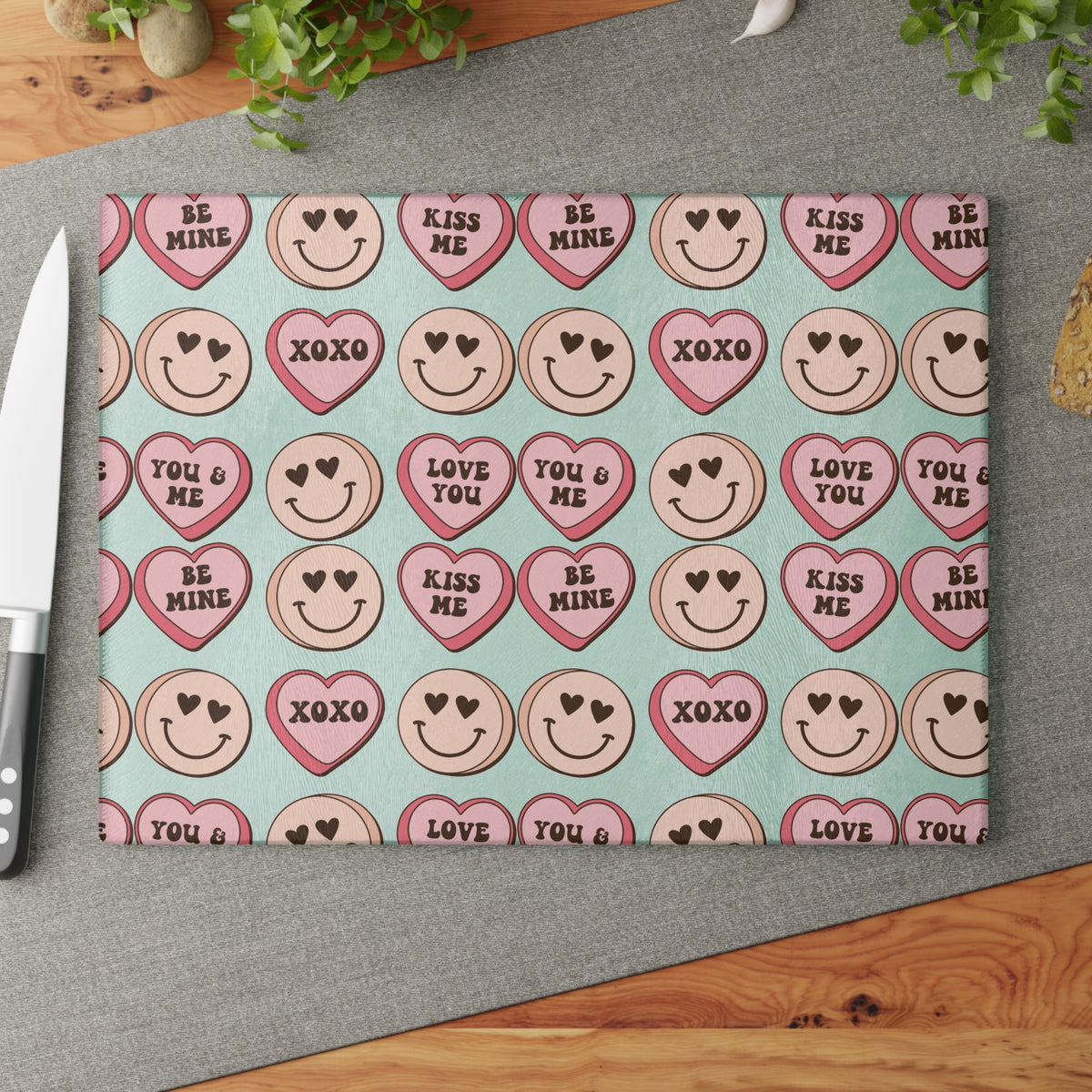 Valentine Conversation Hearts Glass Cutting Board — 'Love You / XOXO' Pattern