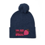 Embroidered Pom-Pom Beanie — "You Are Berry Special" Cute Strawberry Knit Hat
