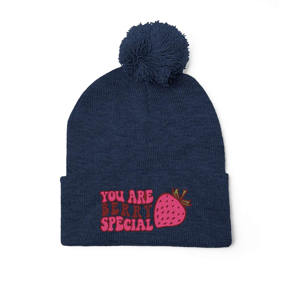 Embroidered Pom-Pom Beanie — "You Are Berry Special" Cute Strawberry Knit Hat