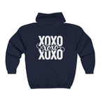 XOXO Script Zip Hoodie – Black Full‑Zip Sweatshirt with Bold Back Graphic