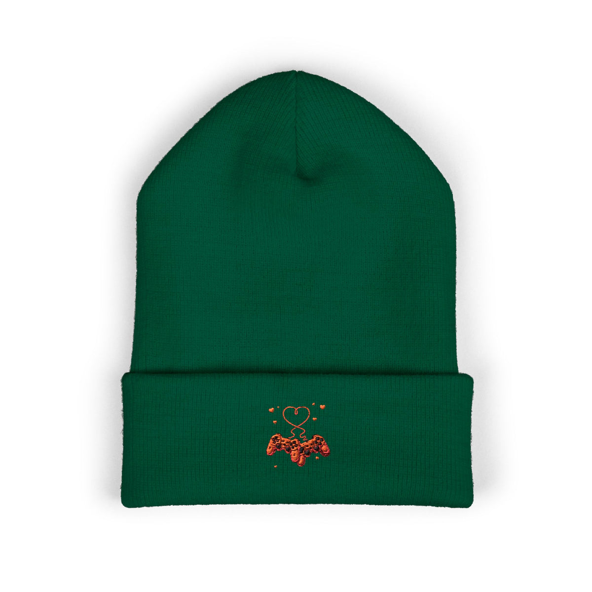Embroidered Heart & Bat Cuffed Beanie — Cute Gothic Valentine Knit Hat