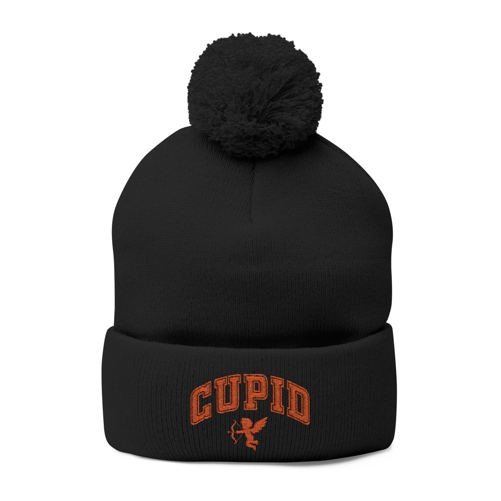 Embroidered Pom-Pom Knit Cap — 'Cupid' Orange Logo Beanie